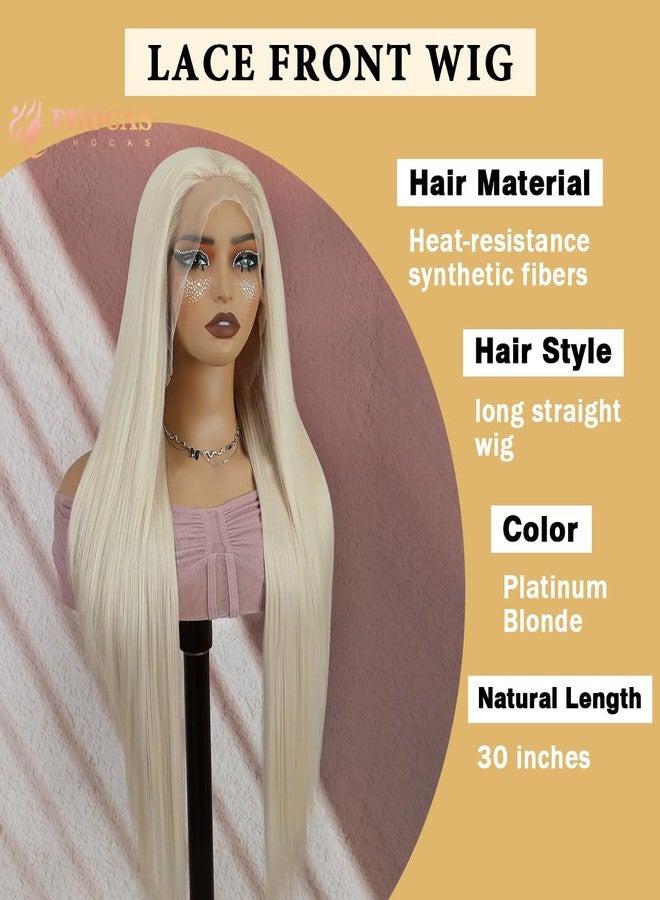 PHOCAS 30 Inch Platinum Blonde Synthetic Lace Front Wig Long Straight Blonde Wig 13x3 Pre Plucked Frontal HD Lace Front Wigs for Women Cosplay Party Halloween Daily - Image 2
